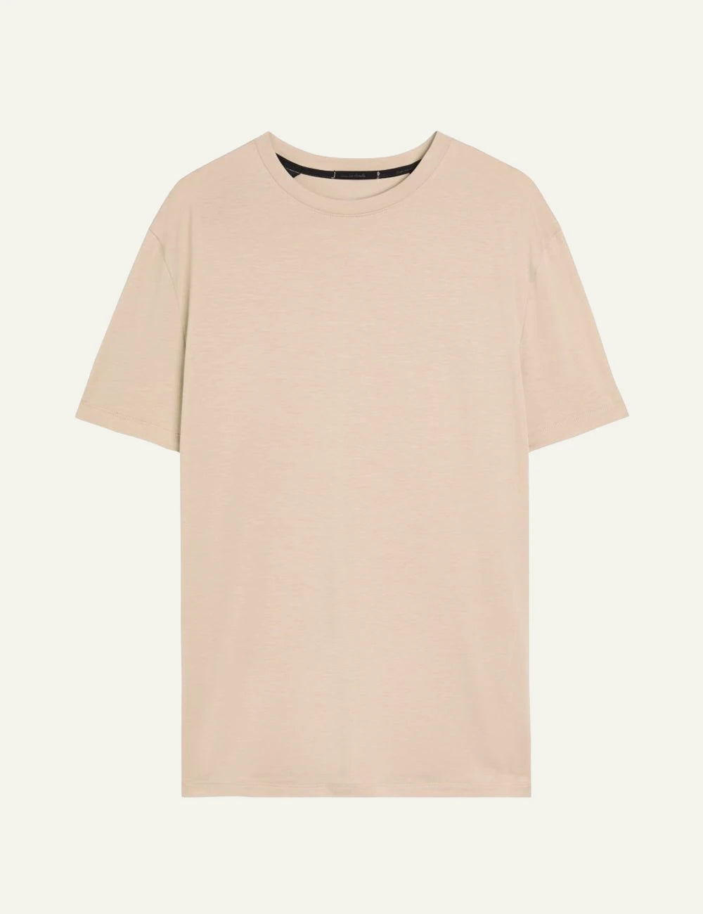 On beige cotton T-shirt close-up shoulder front