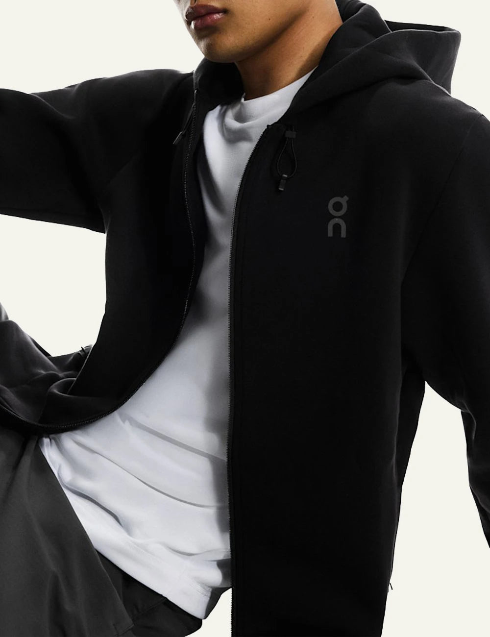 On Focus Tech Zip Hoodie Black Men front close detail