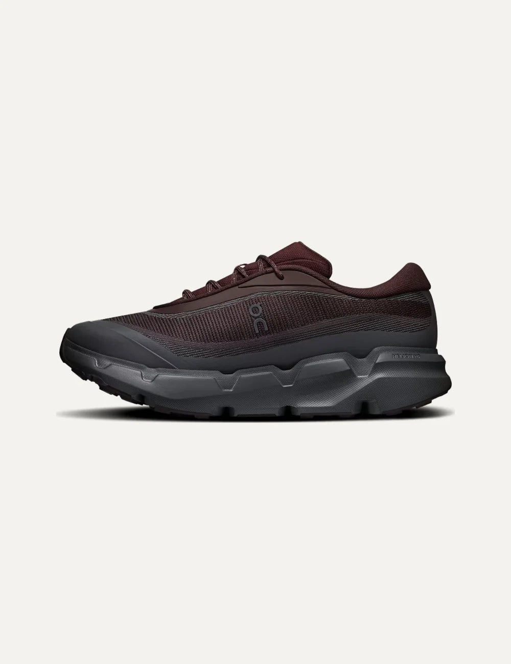 On men's burgundy and dark grey hiking sneakers with mesh upper, CloudTec Connect cushioning and Missiongrip outsole side