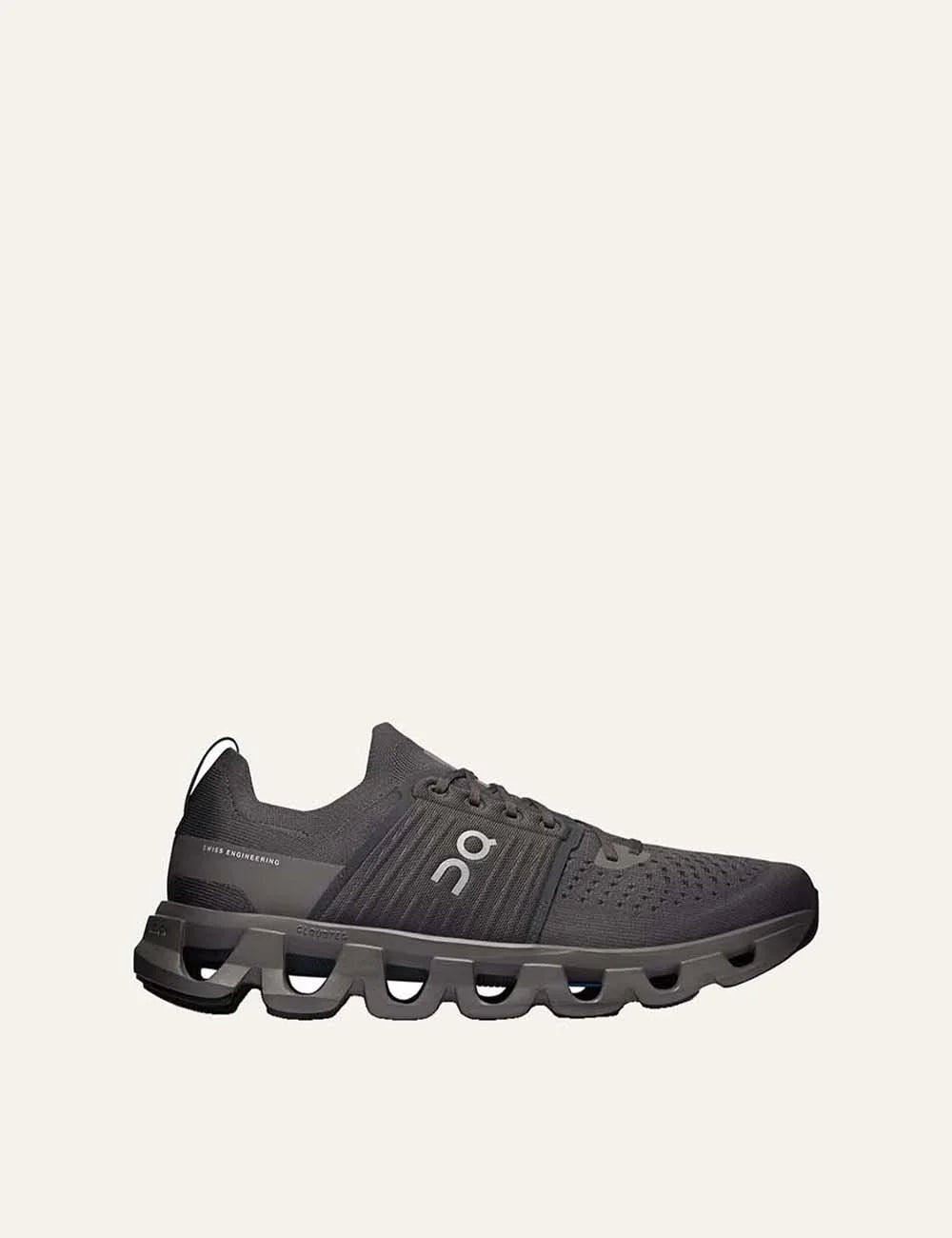 On men's Cloudswift 4 dark grey running sneakers with breathable knit upper, CloudTec cushioning and Helion foam.