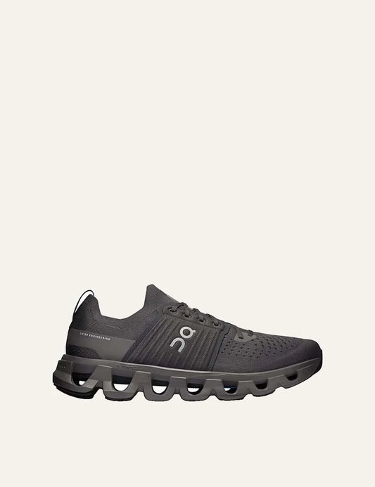 On men's Cloudswift 4 dark grey running sneakers with breathable knit upper, CloudTec cushioning and Helion foam.