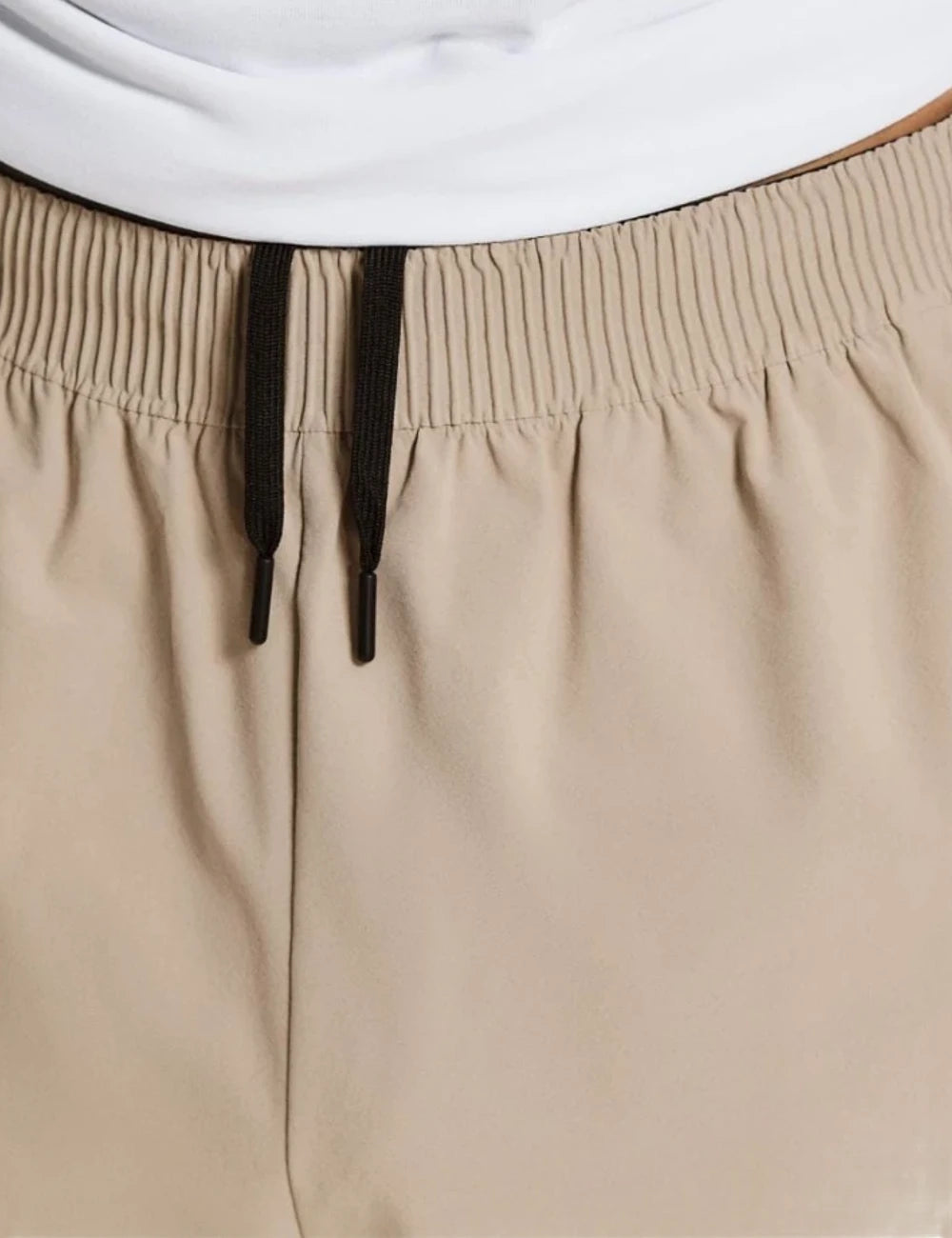 On pants beige athleisure elastic waist tapered leg front detail view
