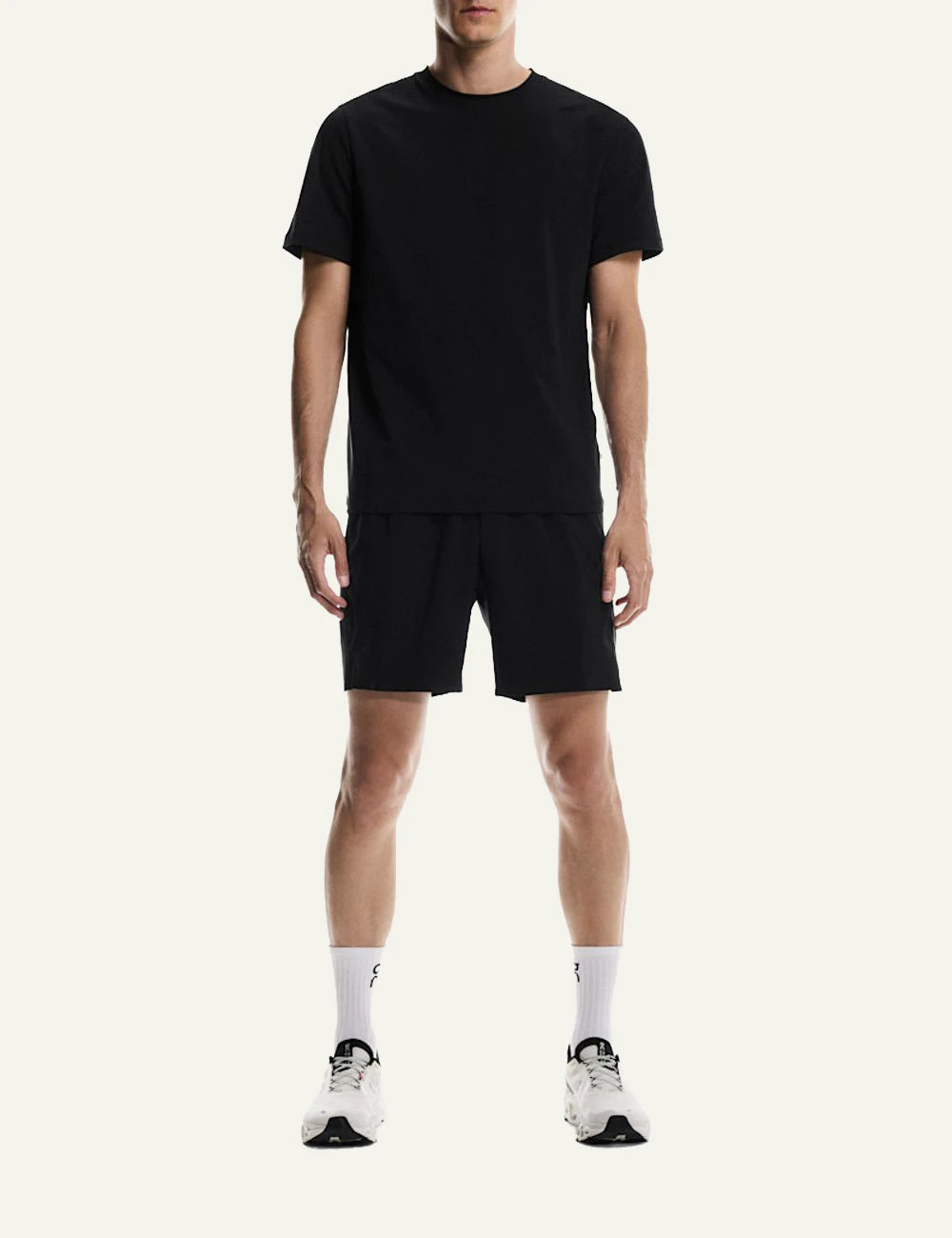 On performance t shirt black front full body worn