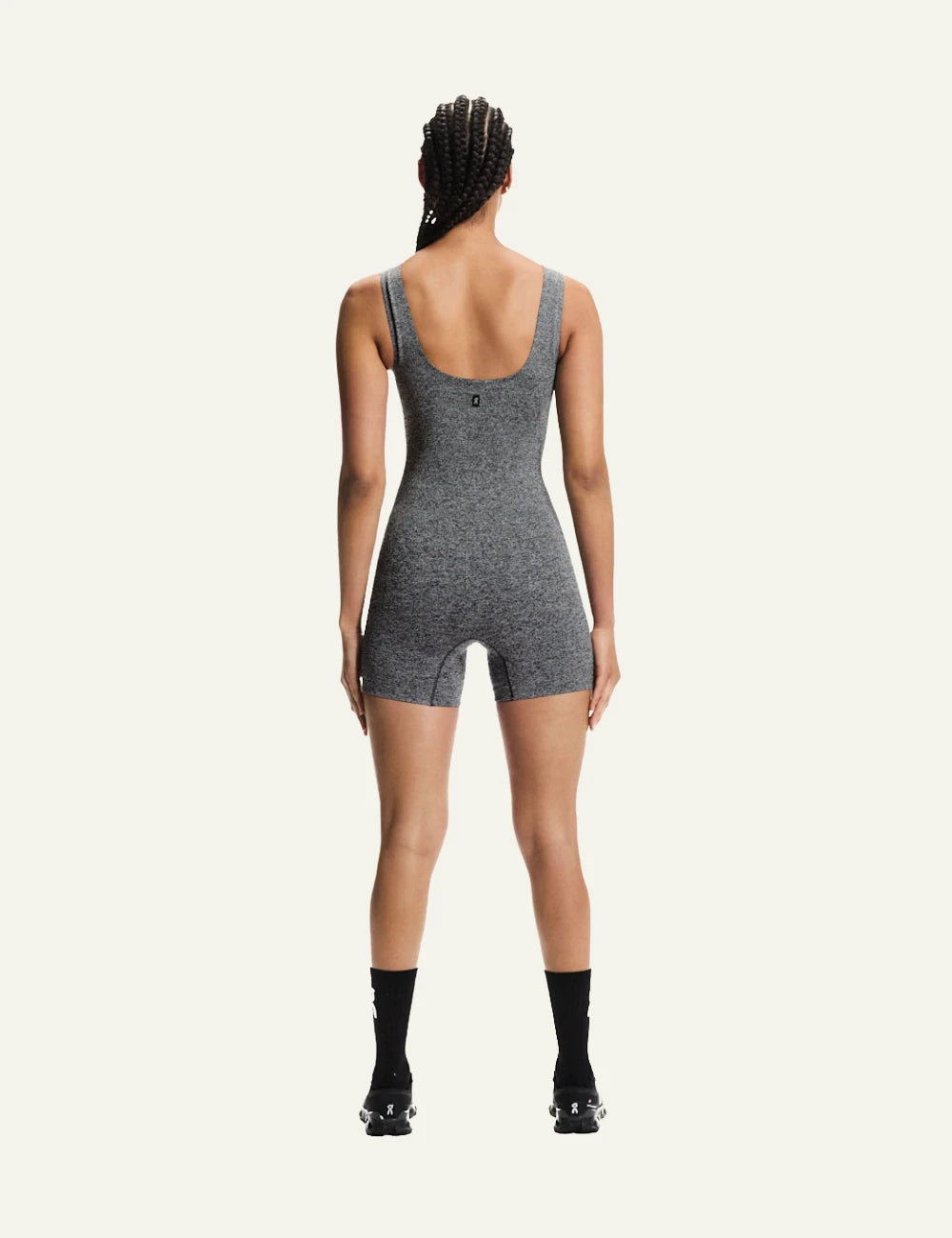 On studio knit bodysuit graphite heather ribbed sleeveless full body back model view