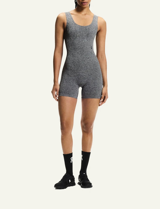 On studio knit bodysuit graphite heather ribbed sleeveless full body front view