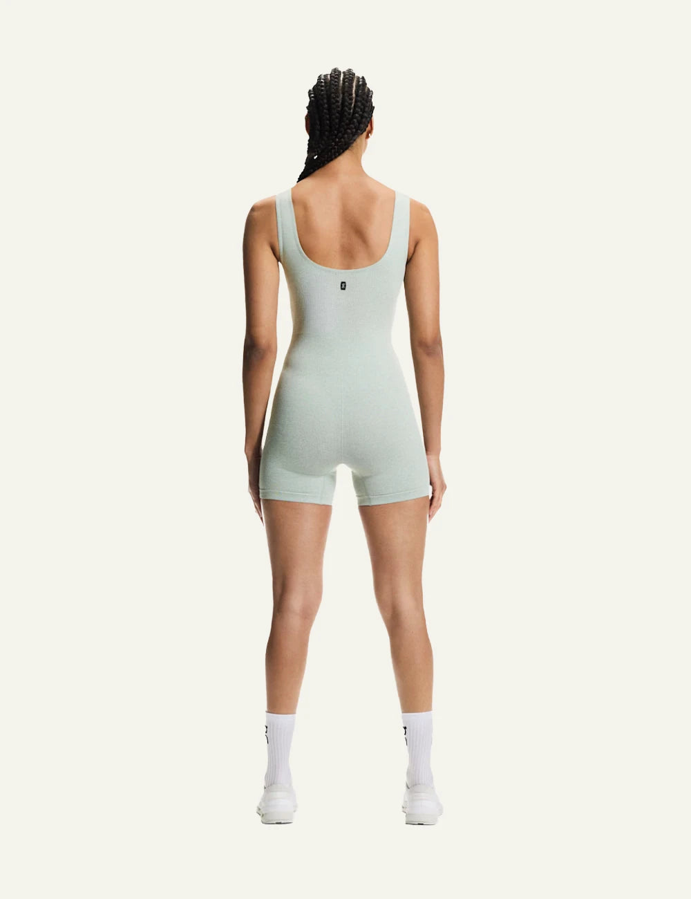 On studio knit bodysuit mineral heather ribbed sleeveless full body back view