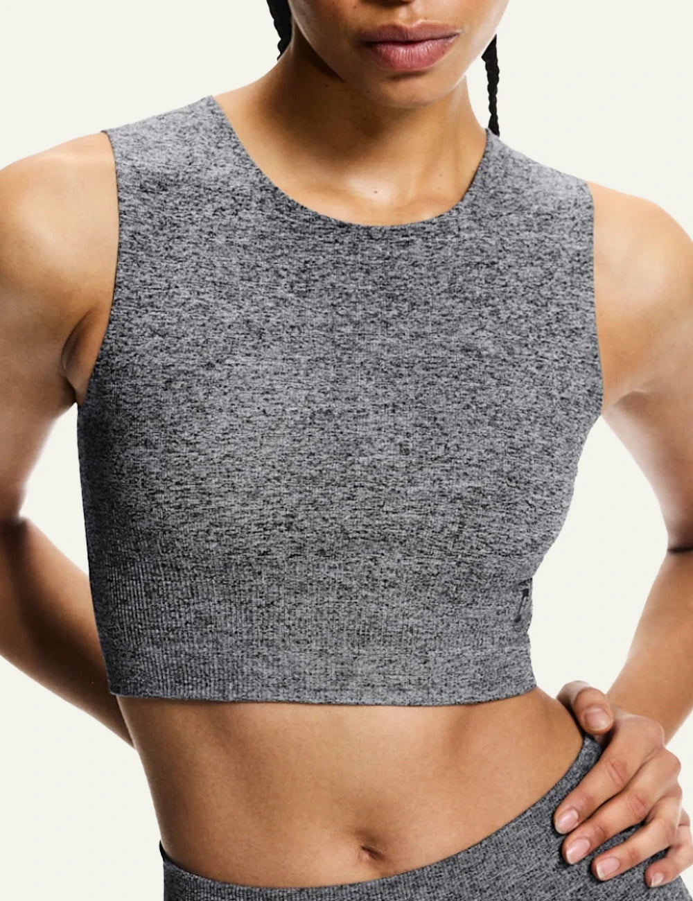 On studio knit crop top graphite heather ribbed sleeveless front model view