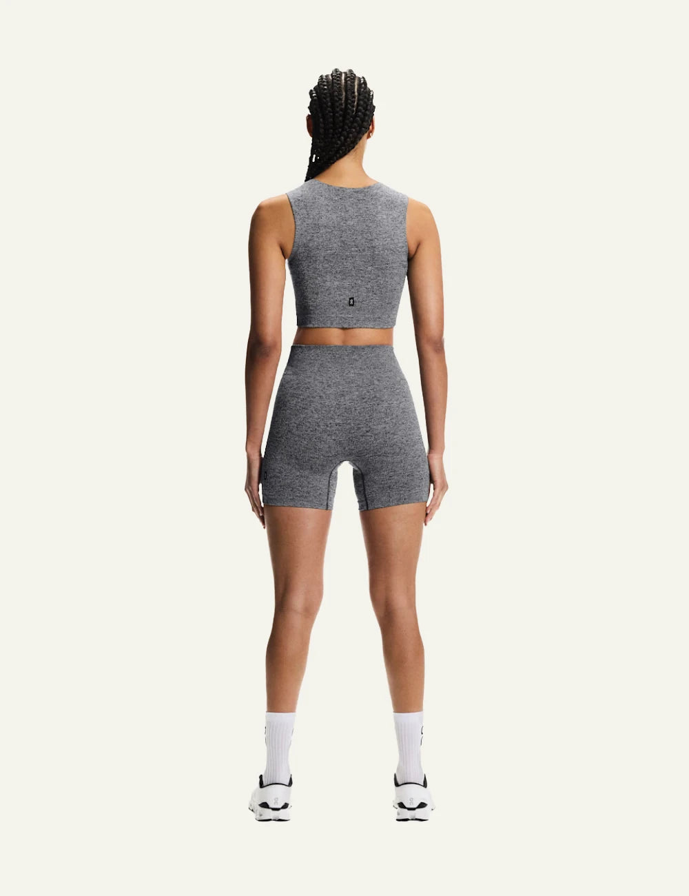 On studio knit shorts graphite heather ribbed high waist back view