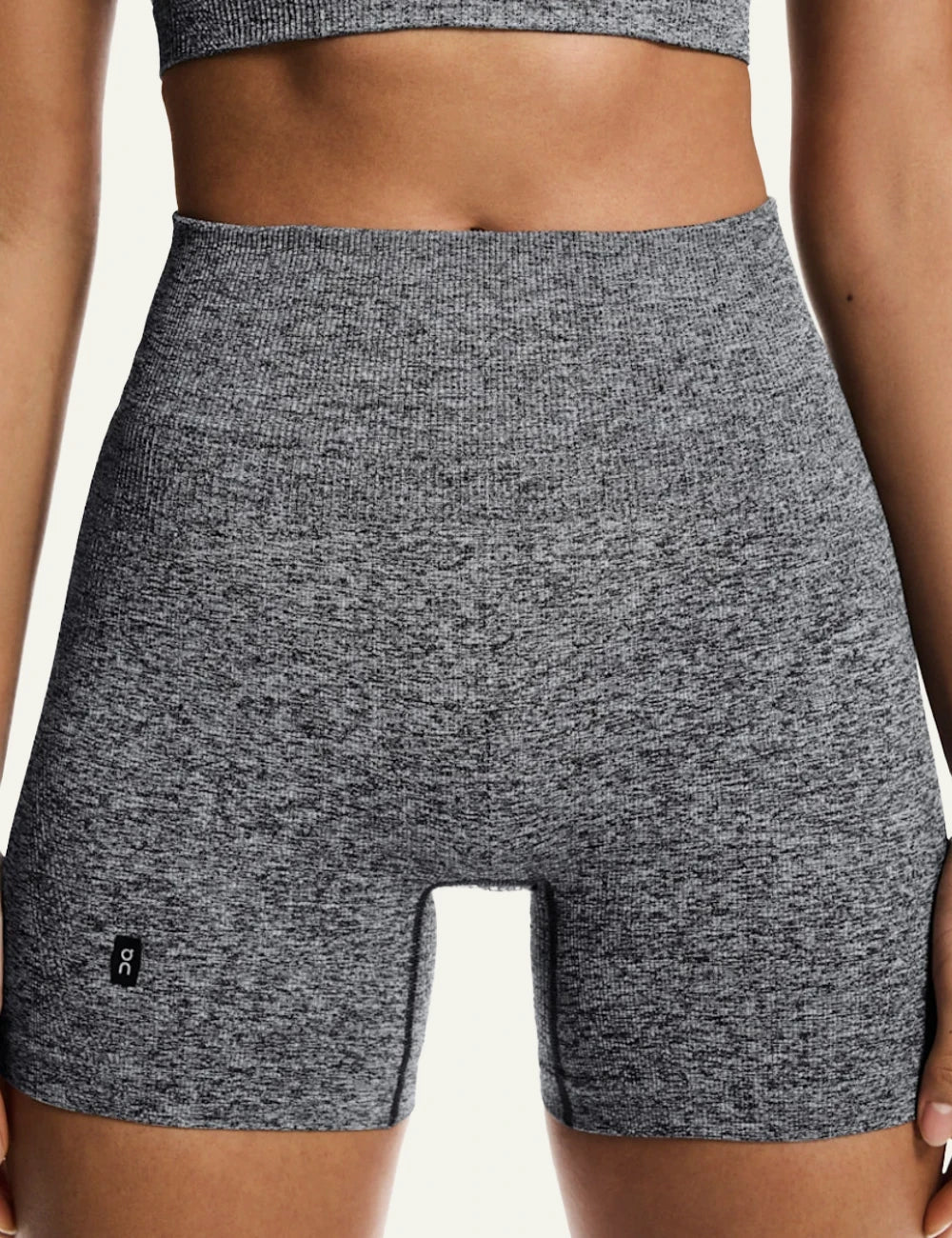 On studio knit shorts graphite heather ribbed high waist front detail view