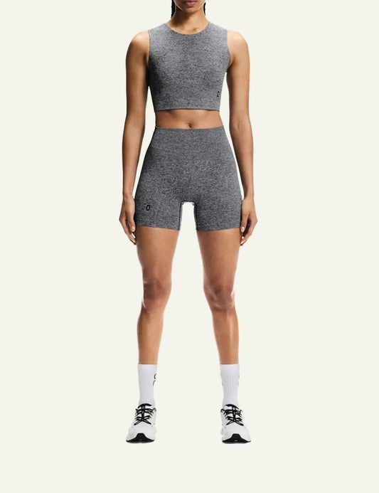 On studio knit shorts graphite heather ribbed high waist front view