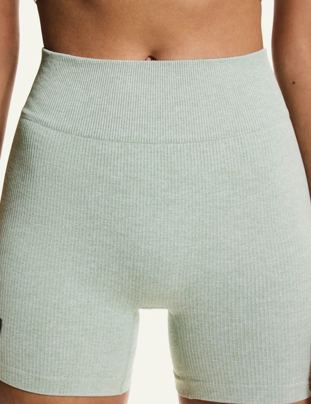 On studio knit shorts mineral heather ribbed high waist front detail view