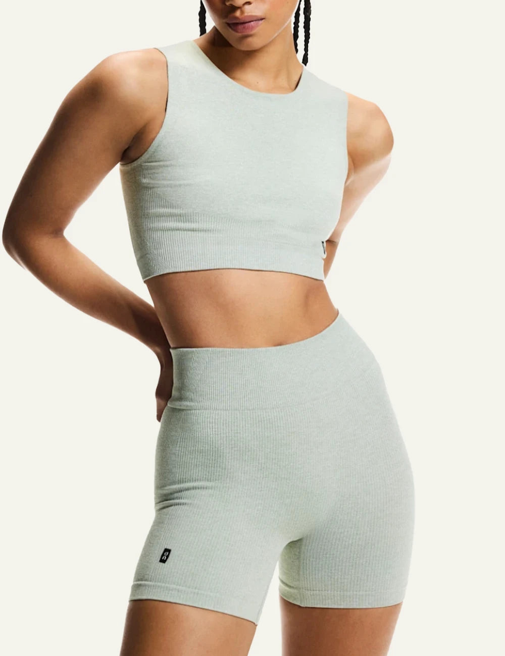 On studio knit shorts mineral heather ribbed high waist front model view