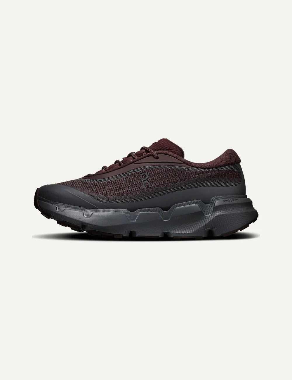 On women's burgundy and dark grey hiking sneakers with mesh upper, CloudTec Connect cushioning and Missiongrip outsole side