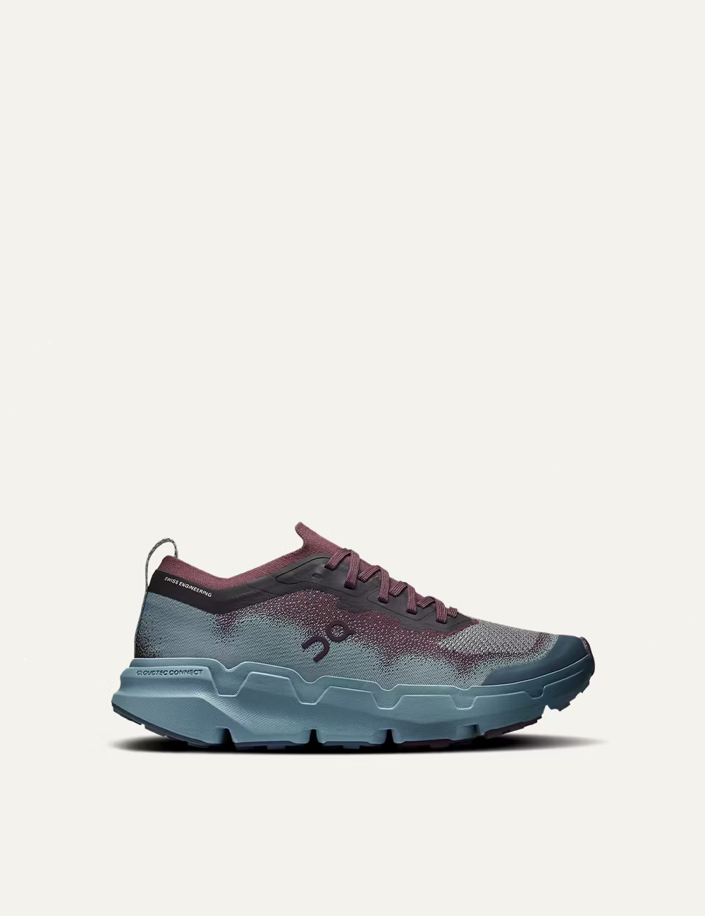 On women's burgundy and light blue technical knit running sneakers
