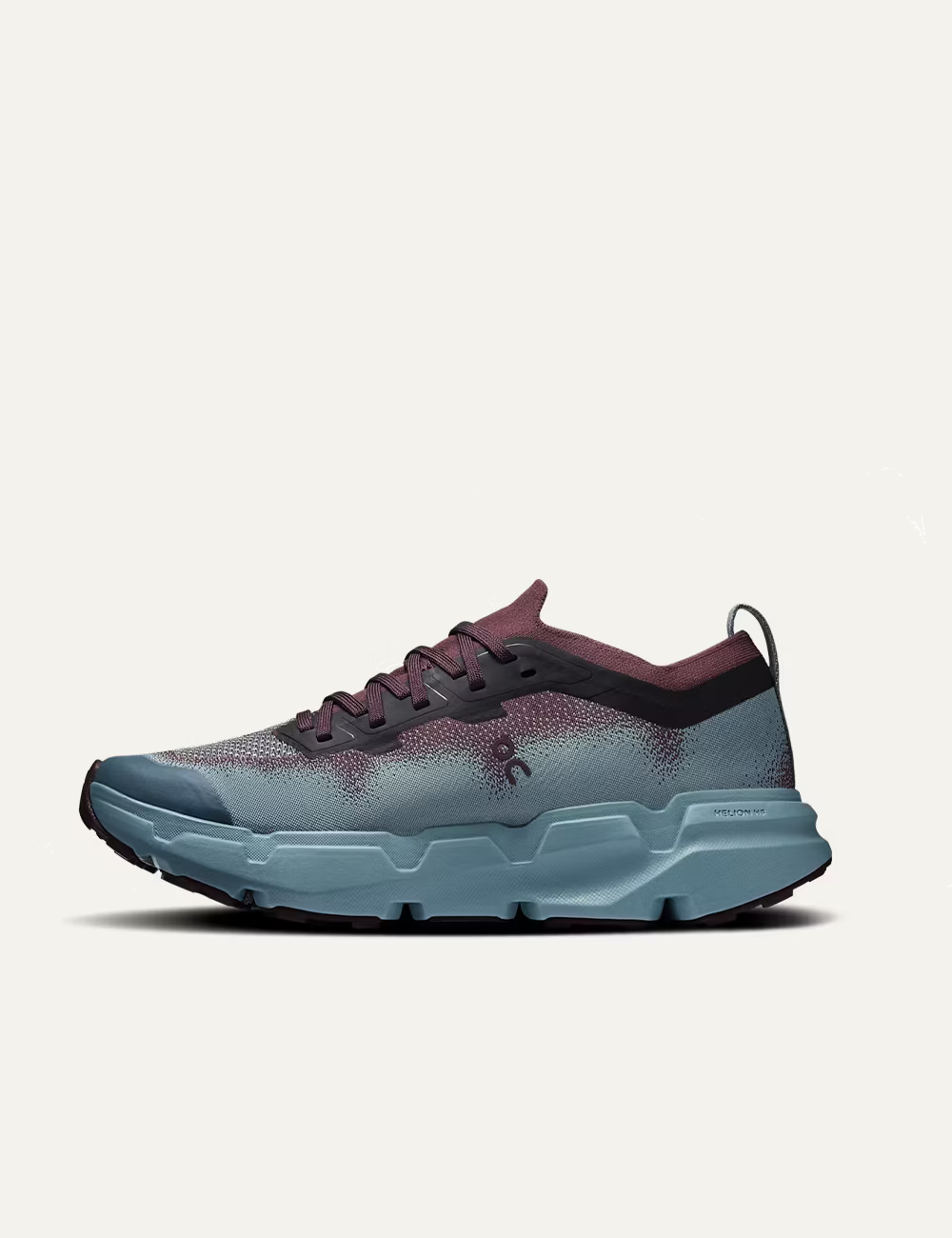 On women's burgundy and light blue technical knit running sneakers profile