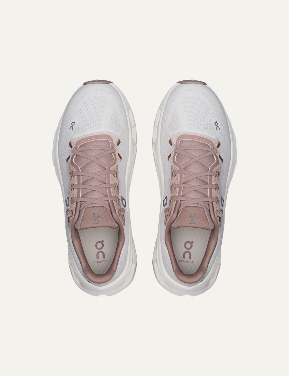 Women's On Cloudtilt Biscuit Ivory pink and white running sneakers with CloudTec Phase cushioning top
