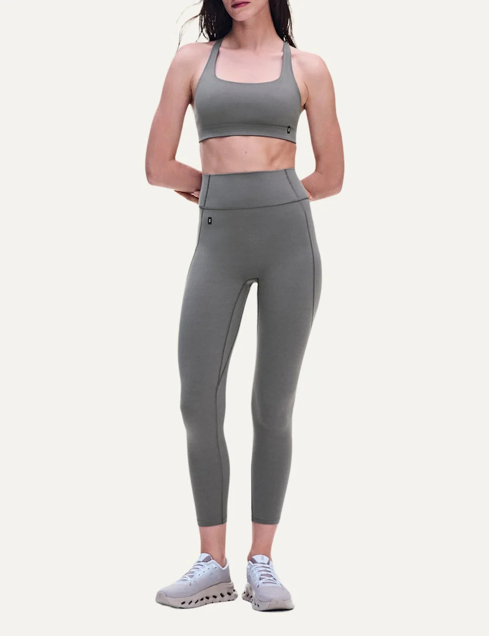 ON women's grey brown high-waisted 7/8 stretch training leggings full body