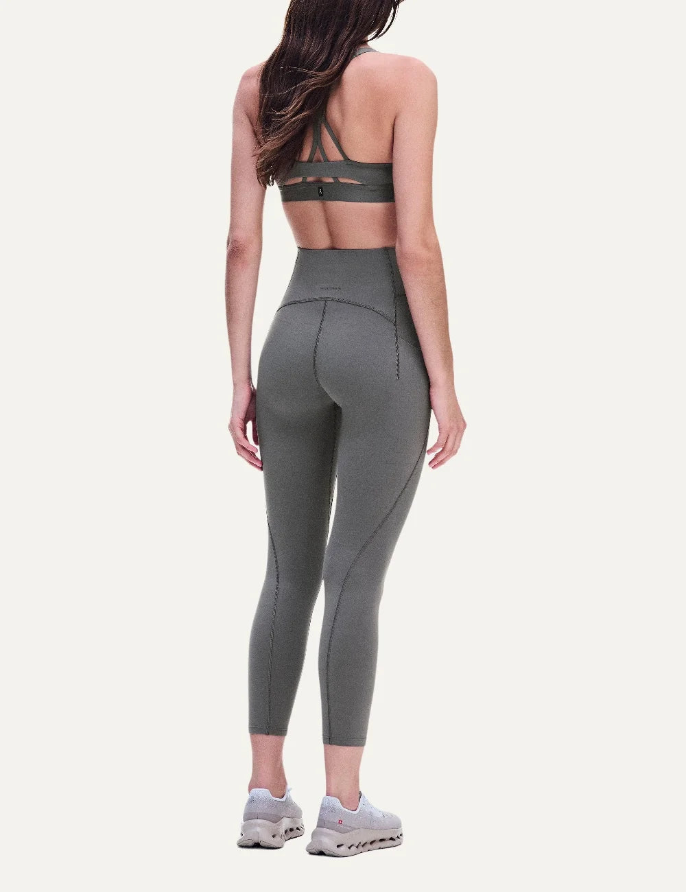 ON women's grey brown high-waisted 7/8 stretch training leggings back