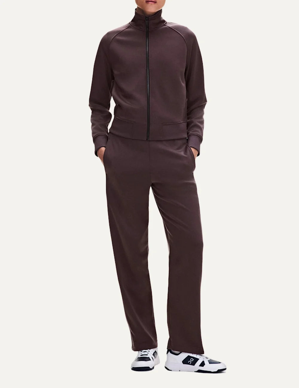 On women's Mulberry brown full-zip tennis-inspired jacket