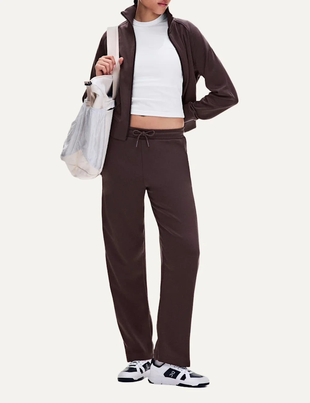 ON women's Mulberry brown tennis-inspired pants with elastic waist
