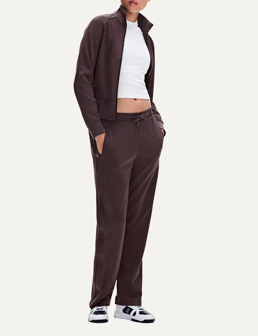 ON women's Mulberry brown tennis-inspired pants with elastic waist full body