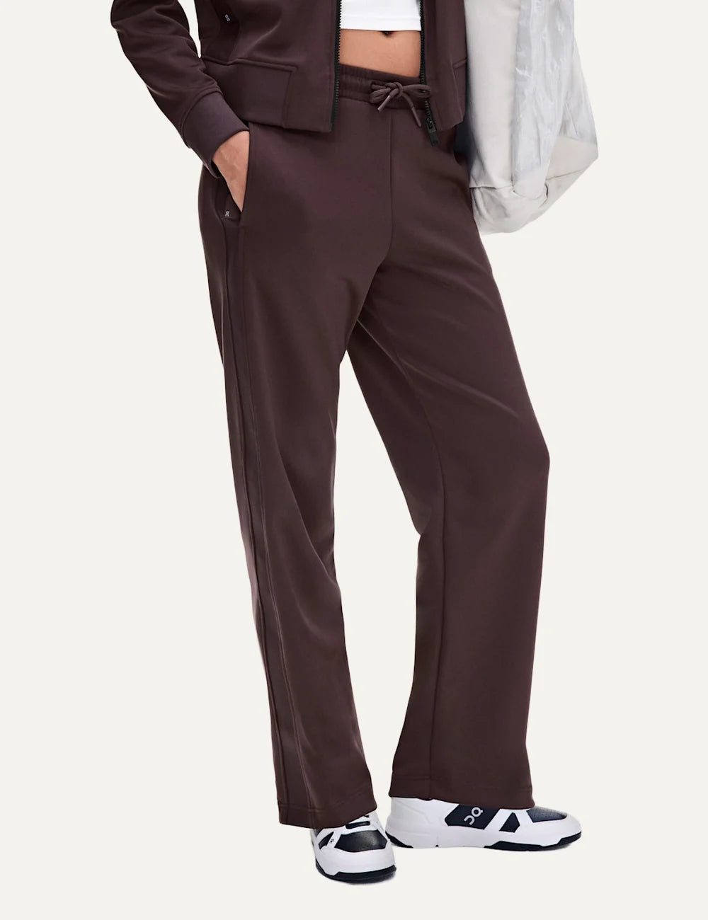 ON women's Mulberry brown tennis-inspired pants with elastic waist model
