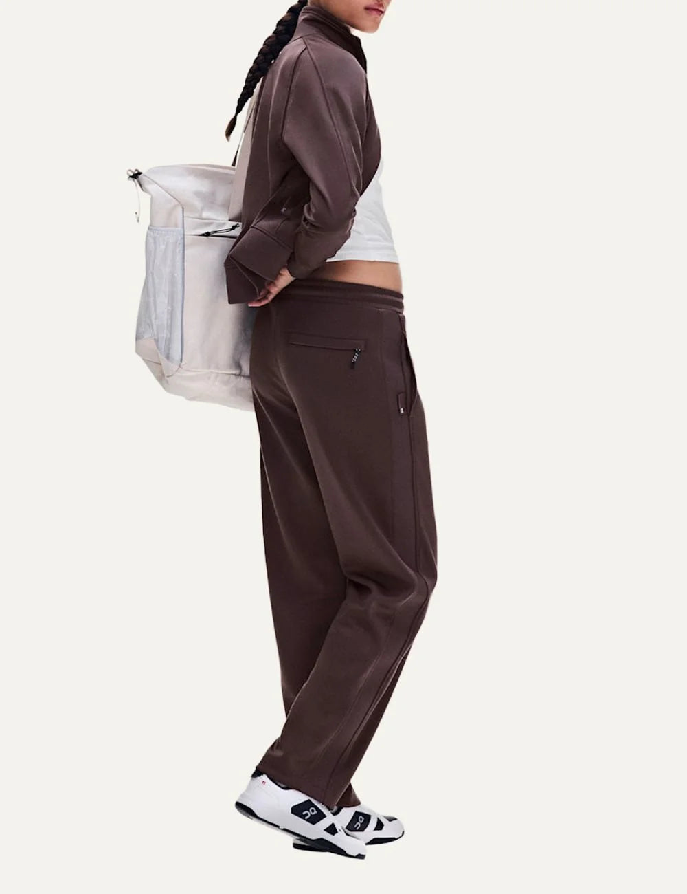 ON women's Mulberry brown tennis-inspired pants with elastic waist side