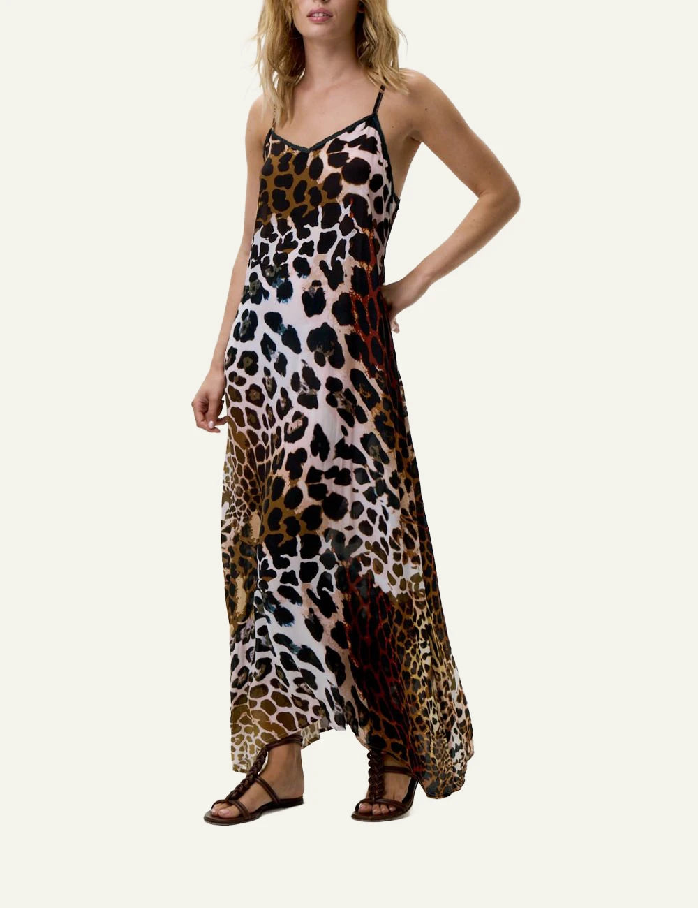 one season antoinette slip dress leopard print front model view