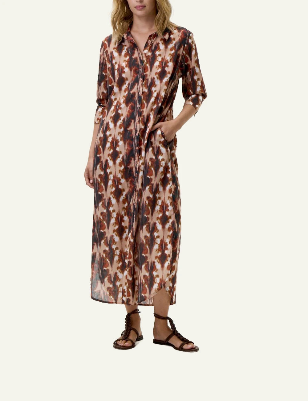 one season daisy maxi dress brown abstract front model view