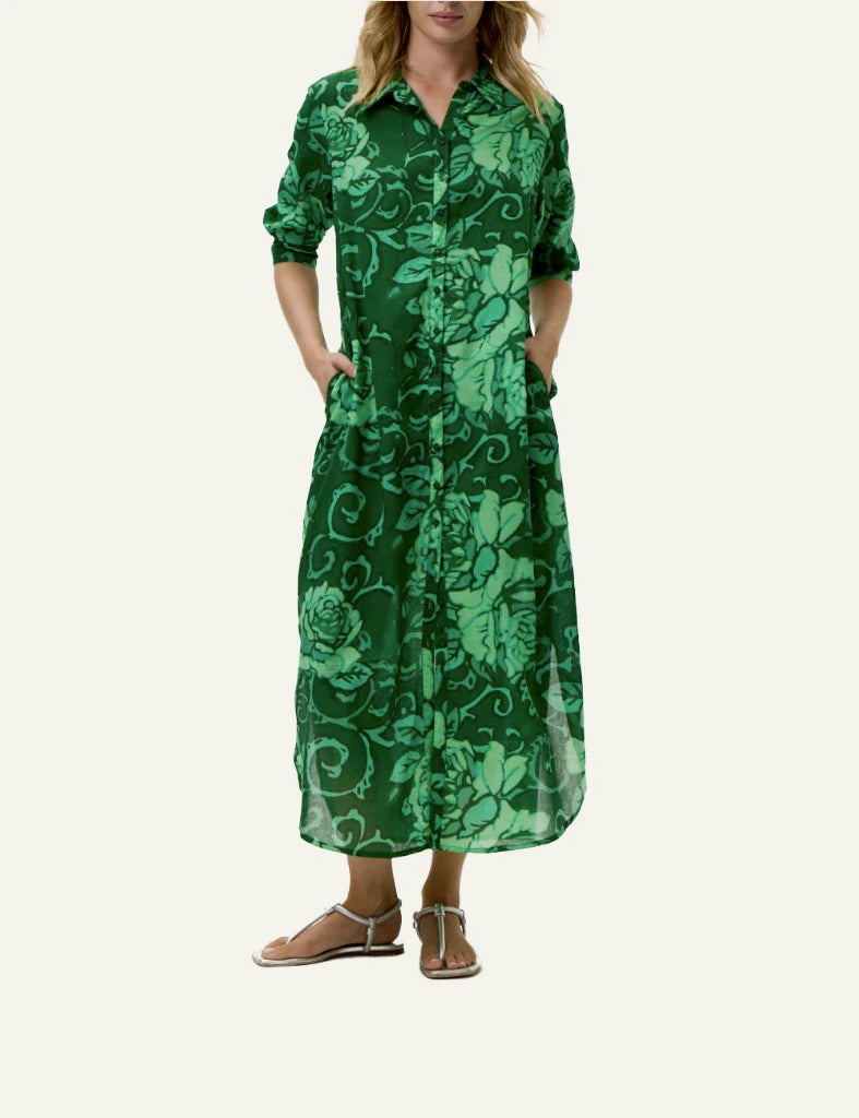 One Season floral shirt dress green maxi loose fit front