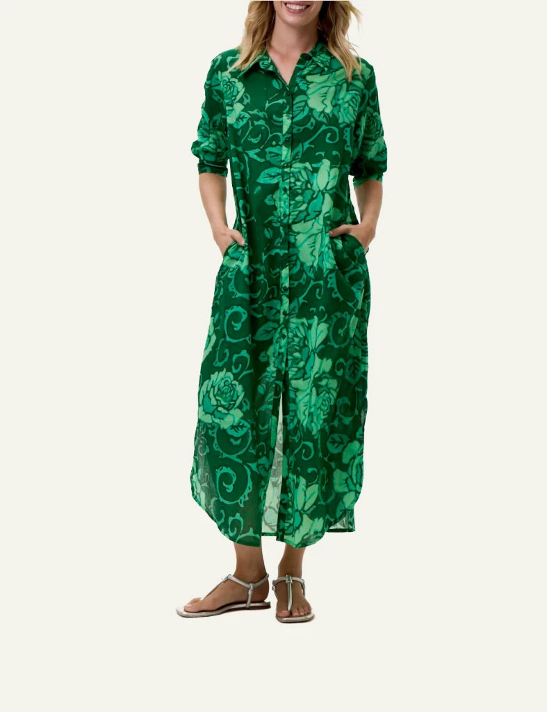 One Season floral shirt dress green maxi loose fit front model