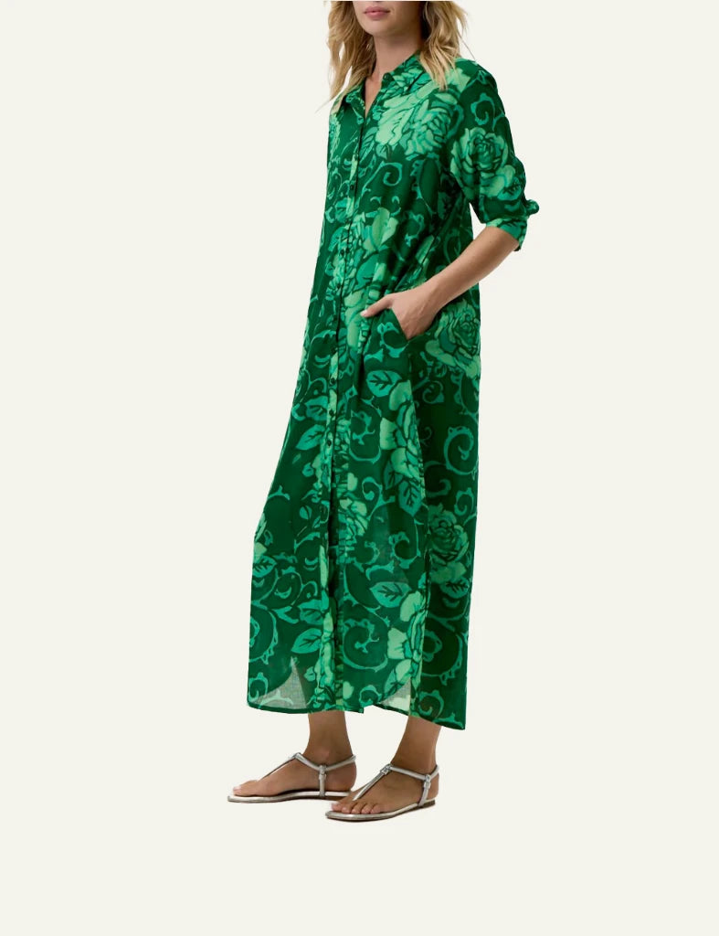 One Season floral shirt dress green maxi loose fit side