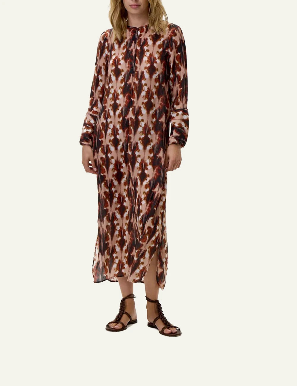 one season genie dress brown abstract maxi front view