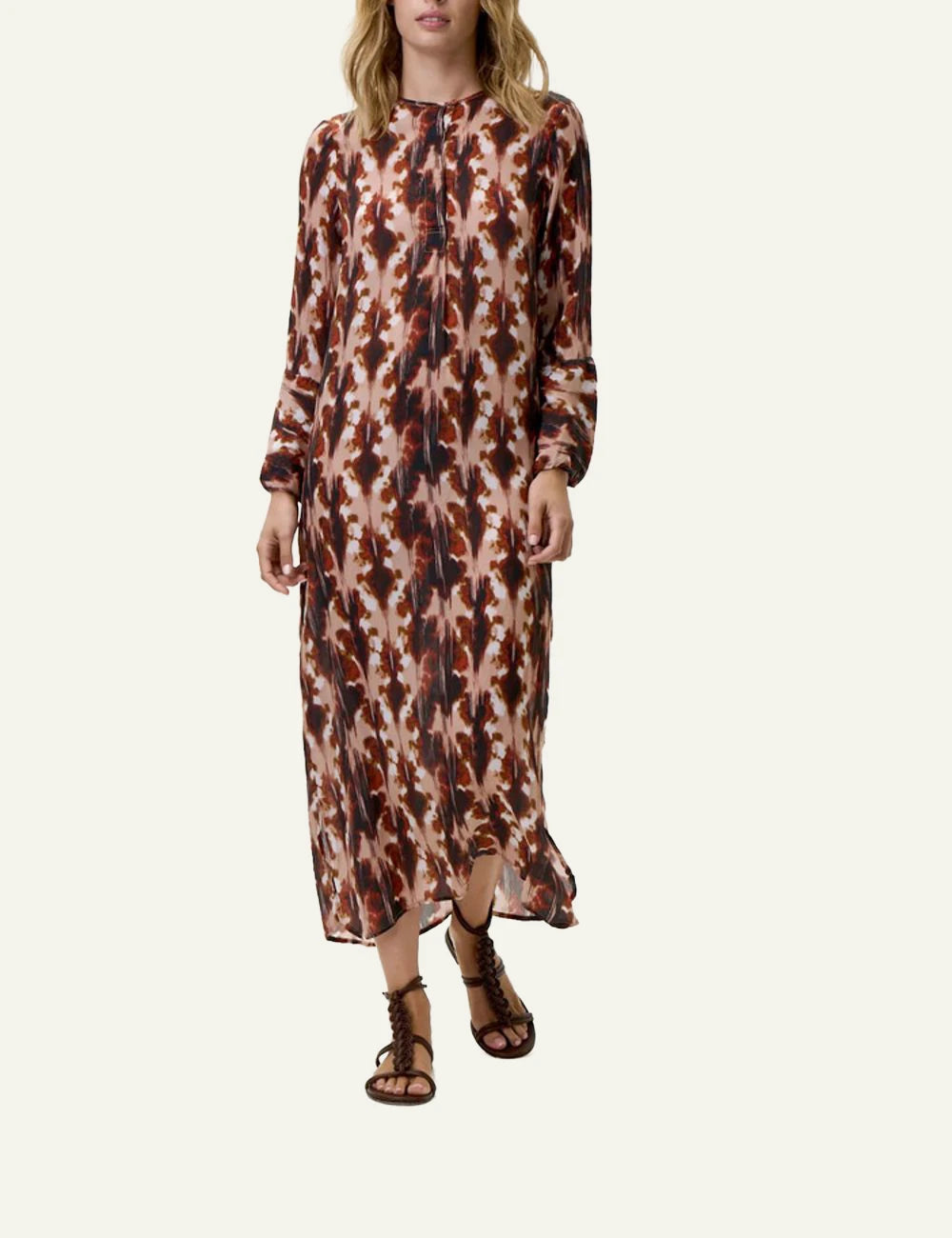 one season genie dress brown abstract maxi front model view