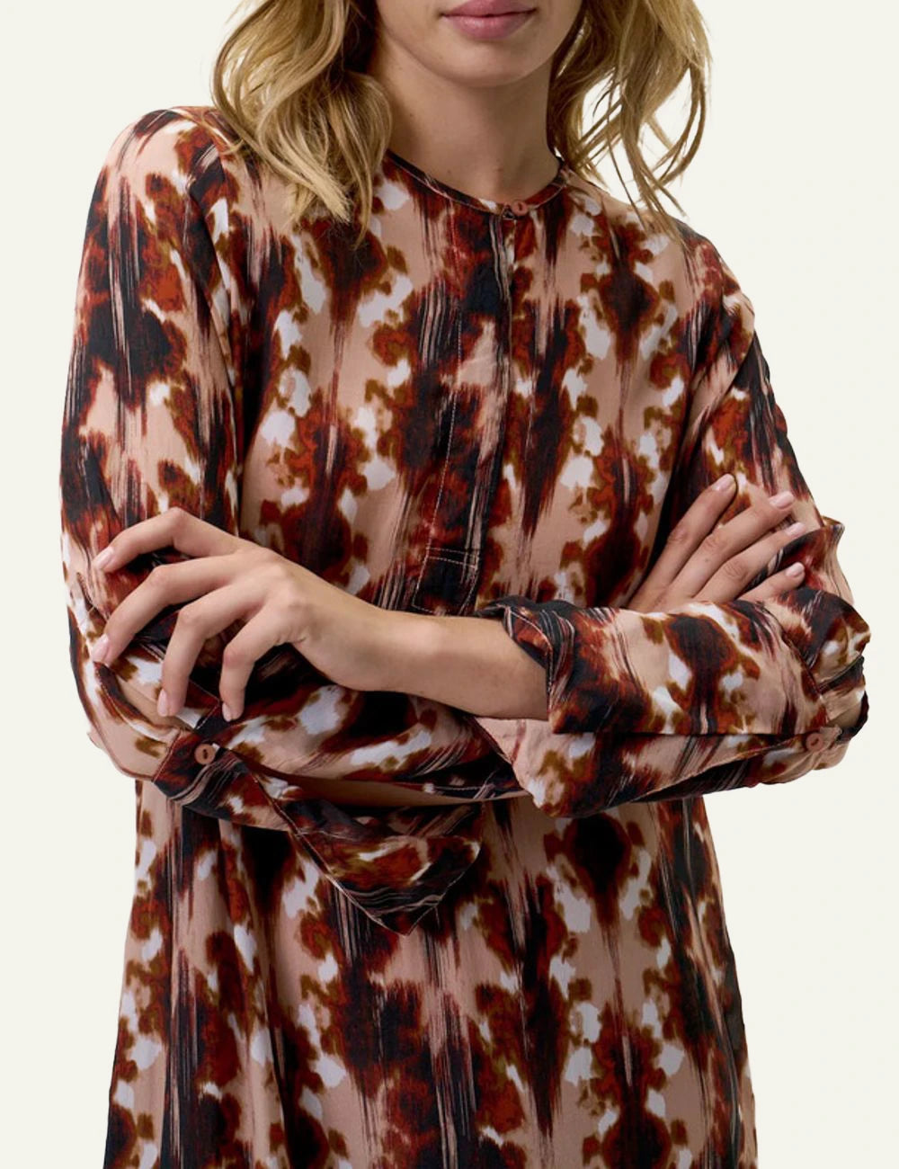 one season genie dress brown abstract maxi front detail view