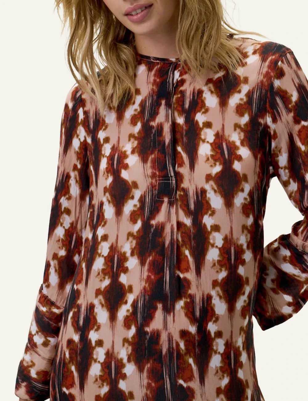 one season genie dress brown abstract maxi front detail view