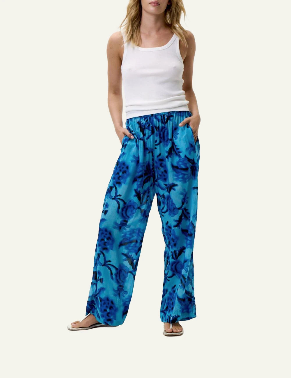 one season isla wide leg pants blue floral front model view