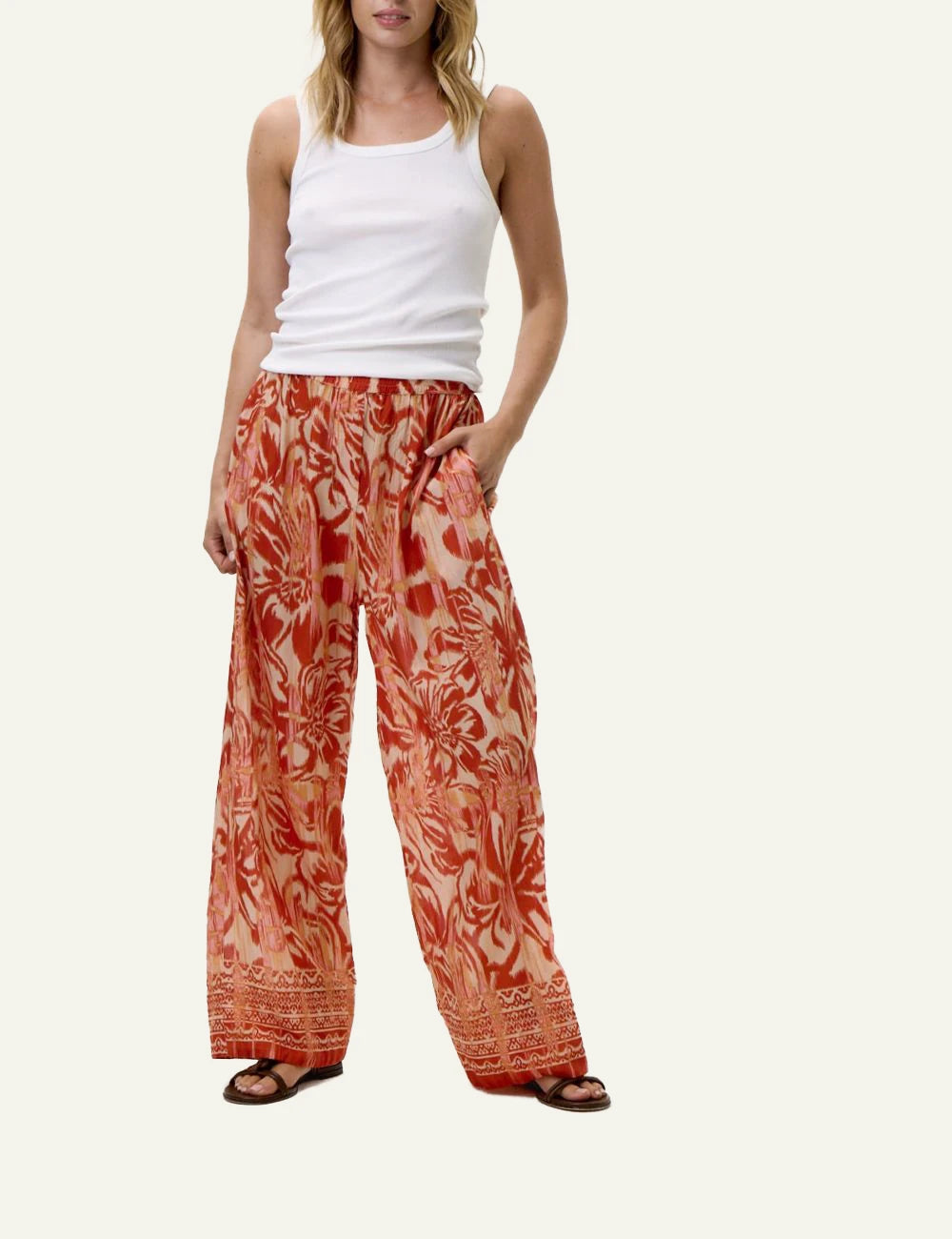 one season isla wide leg pants red print front model view