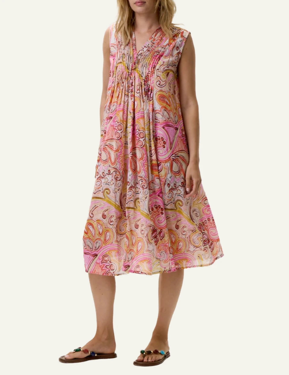 one season tommy swirl cotton midi dress front model view