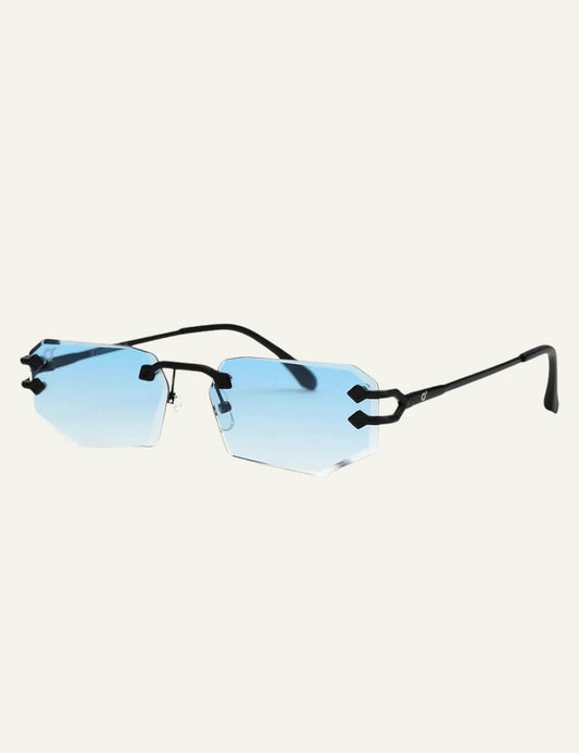 os sunglasses octagon rimless black frame blue lens side view