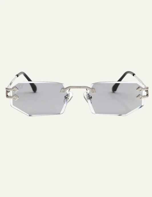 os sunglasses octagon rimless silver frame grey lens front view