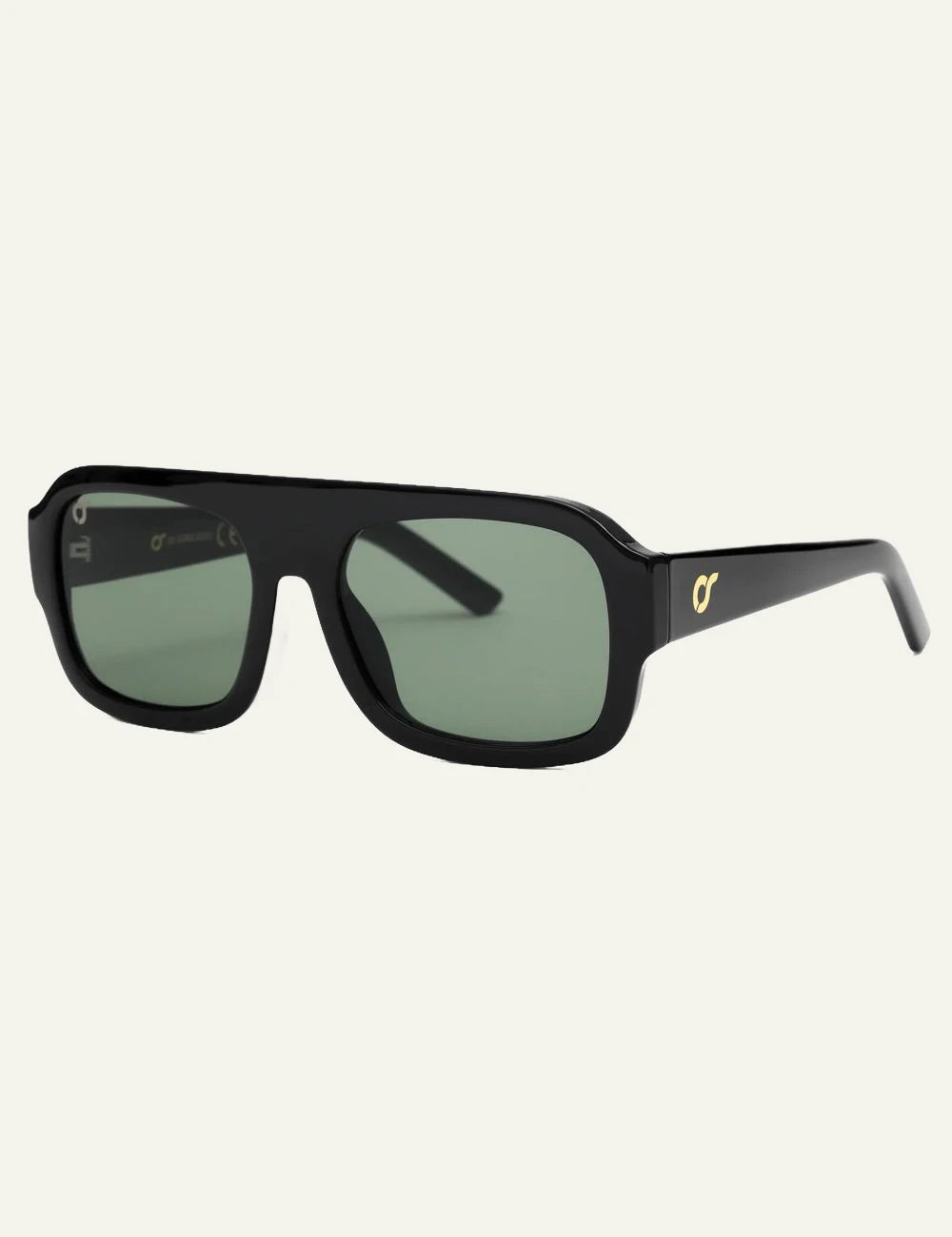 os sunglasses rectangular black frame green lens side view