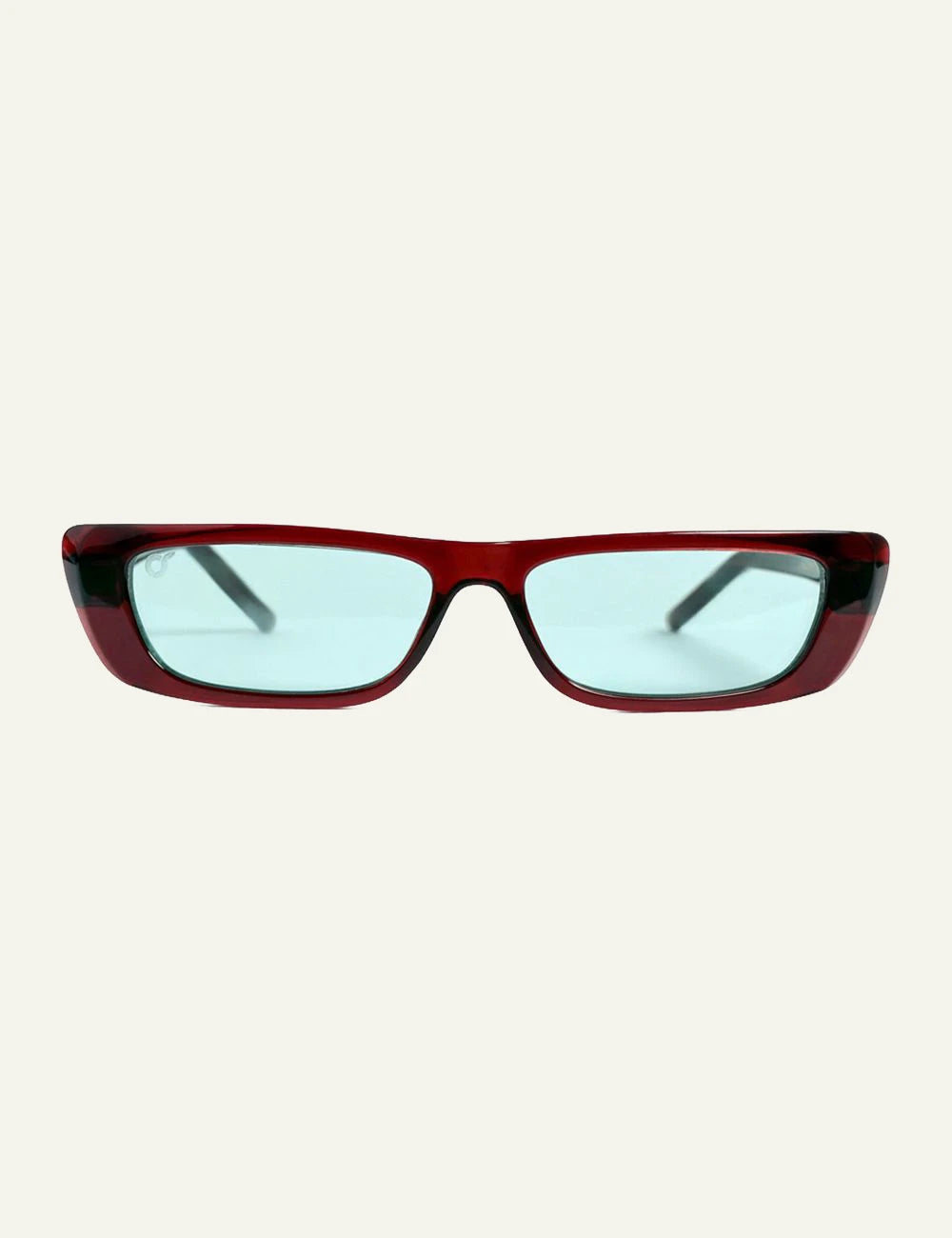 os sunglasses rectangular burgundy frame blue lens front view