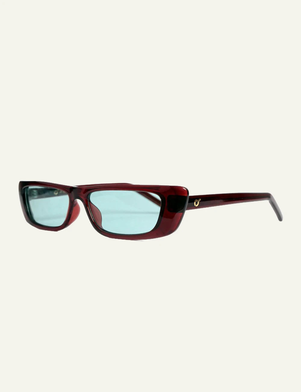 os sunglasses rectangular burgundy frame blue lens side view