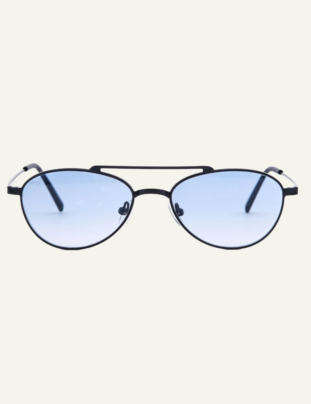 os sunglasses round black frame blue lens front view