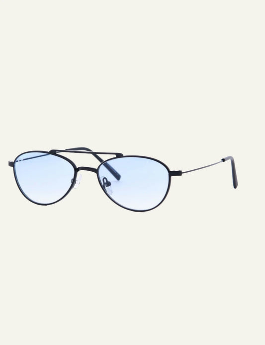 os sunglasses round black frame blue lens front view