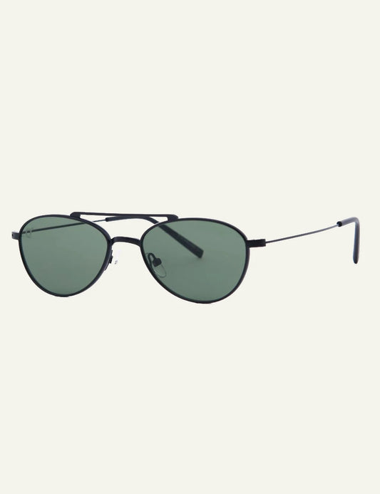 os sunglasses round black frame green lens side view