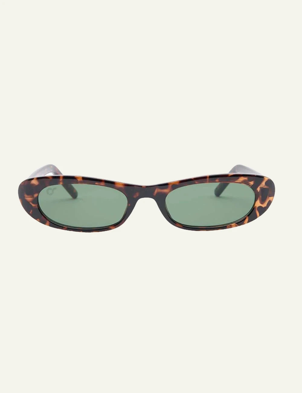 os sunglasses slim oval tortoise frame green lens front view
