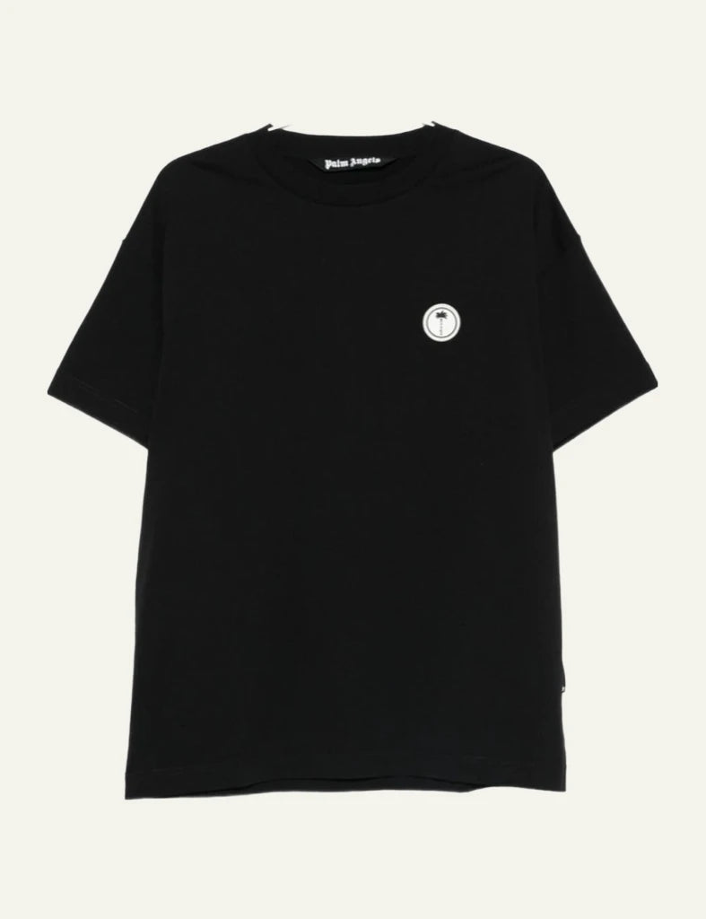 Palm Angels black t-shirt small logo chest front flat view