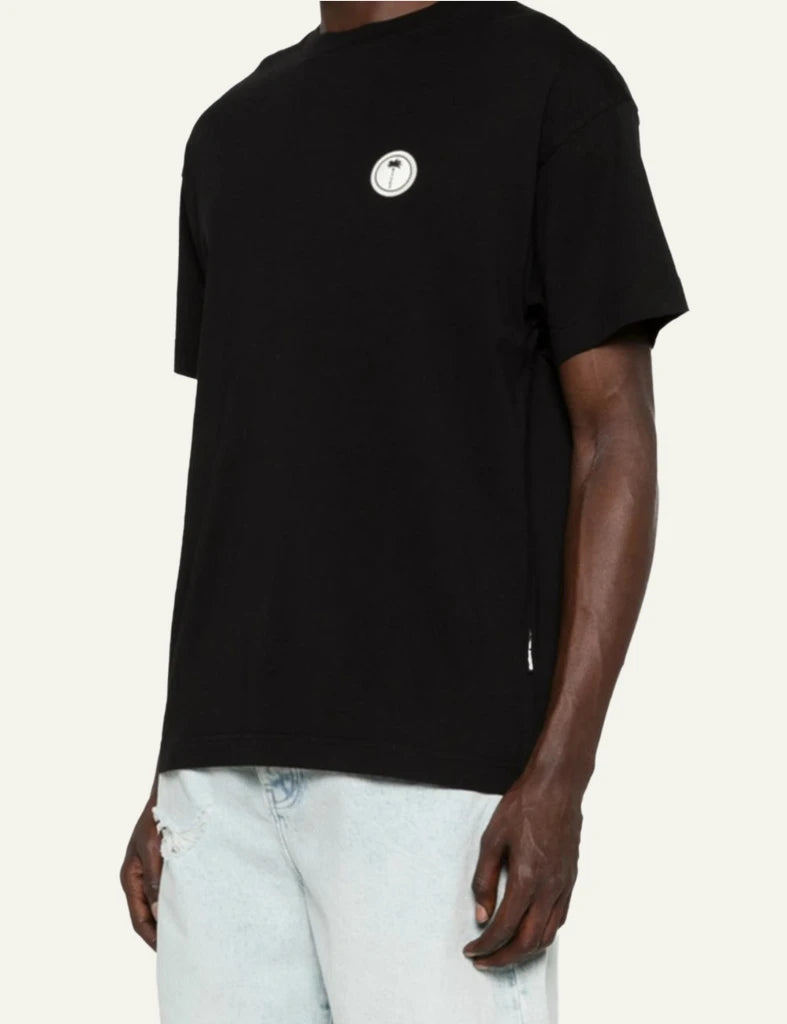 Palm Angels black t-shirt small logo chest side model view